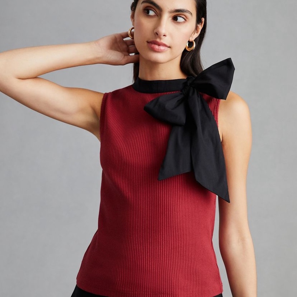 Dolan Tie Neck Ribbed Shell Blouse - Picture 2 of 11